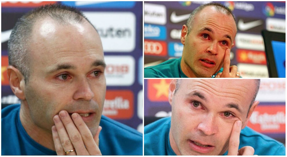 شاهد: دموع إنييستا تغالبه لحظة إعلانه الرحيل عن برشلونة