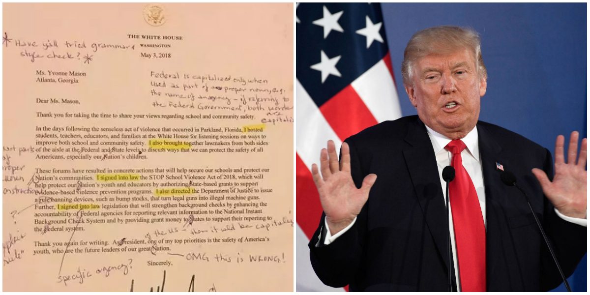 معلمة تلقَّت خطاباً من ترمب، لكنّ أخطاءه كانت “غير مقبولة”، فصححتها وأعادت الرسالة للبيت الأبيض!