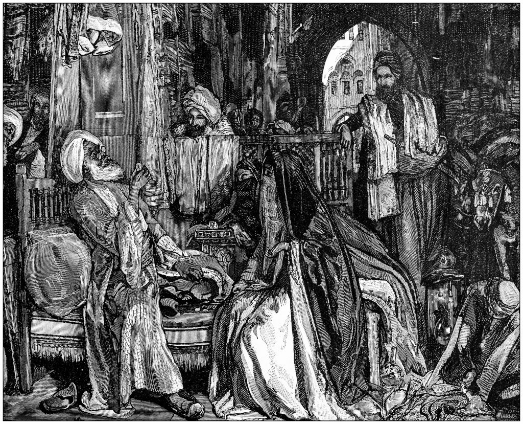 رسم تصوري لمجموعة من الرجال العرب في سوقٍ قديم (iStock)