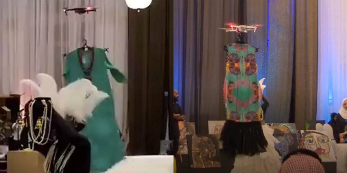 عرض أزياء دون عارضات..  في السعودية استخدموا  طائرات الـ”درون” لعرض الفساتين!