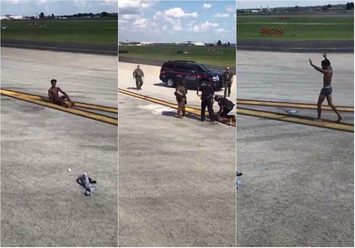 رجل بملابسه الداخلية يعتلي جناح طائرة في أكثر المطارات ازدحاماً ويطرق النوافذ طالباً الدخول.. وركّاب يلتقطون له صوراً وفيديو