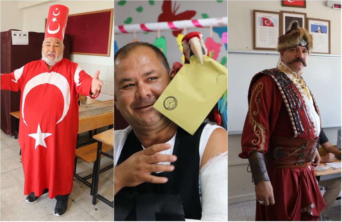 تركي يصوت ومعه ببغاءين وعروسان يذهبان للاقتراع قبل احتفالهما.. وآخرون يرتدون الأزياء الشعبية