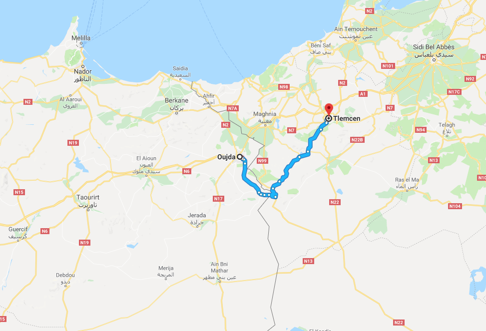 صورة توضح المسافة بين مدينة وجدة المغربية ومدينة تلمسان الجزائرية