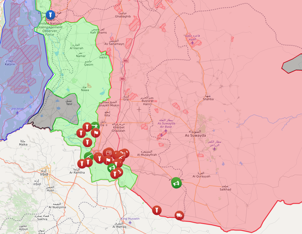 الحدود السورية الأردنية - بالأحمر: سيطرة قوات النظام، والأخضر: قوات المعارضة - Syria Liveuamap