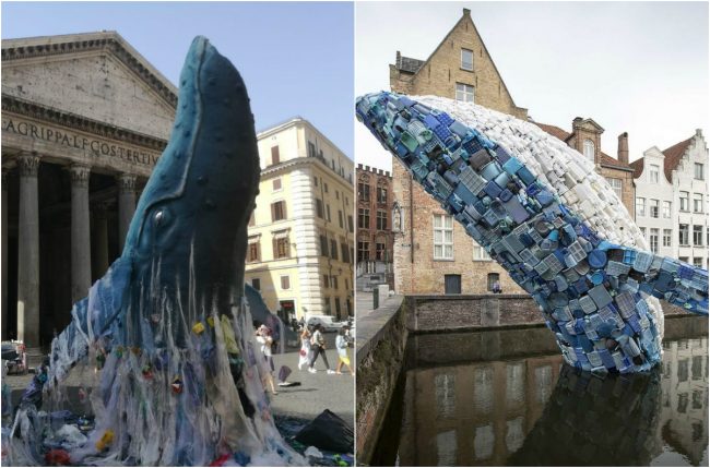 حيتان قافزة من المحيط إلى ساحة وسط روما.. تطويع البلاستيك لخدمة البيئة في العاصمة الإيطالية