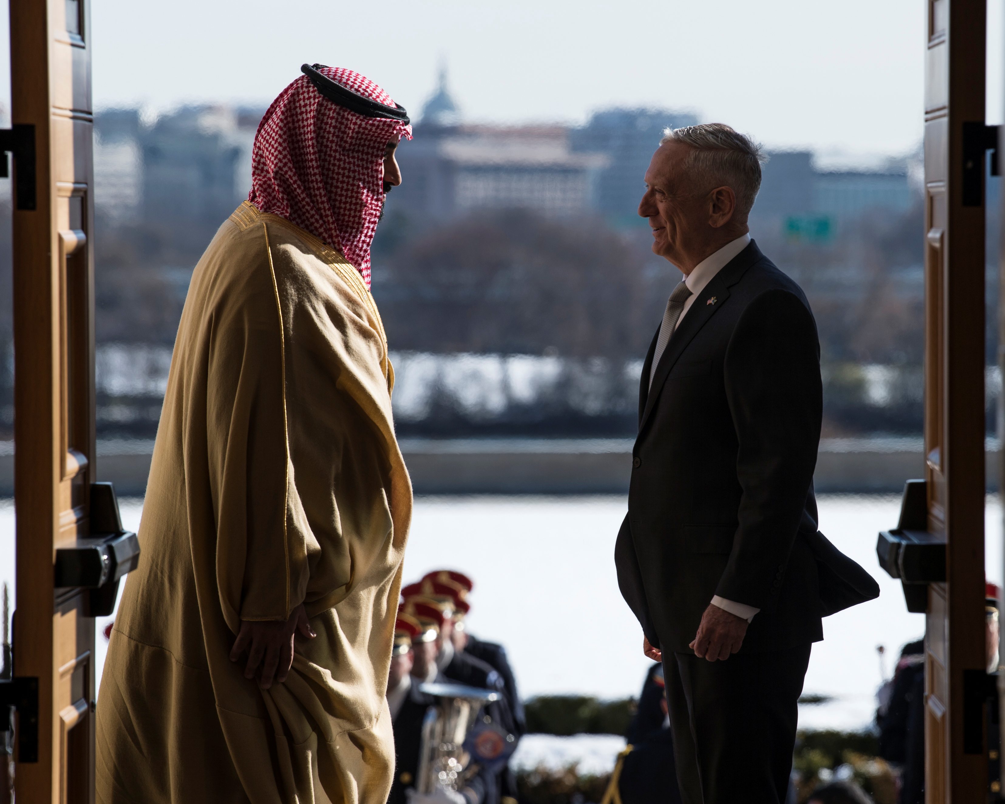 United States Defense Secretary James N. Mattis meets with Saudi Crown Prince Mohammed bin Salman at the Pentagon in Washington D.C., March 22, 2018. Picture taken March 22, 2018. DoD/Navy Mass Communication Specialist 1st Class Kathryn E. Holm/Handout via REUTERS. ATTENTION EDITORS - THIS IMAGE WAS PROVIDED BY A THIRD PARTY