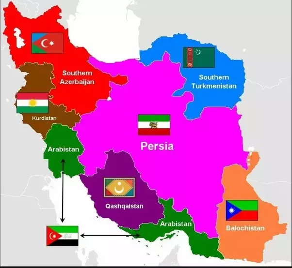خريطة للقوميات بإيران يظهر فيها العرب باللون الأخضر