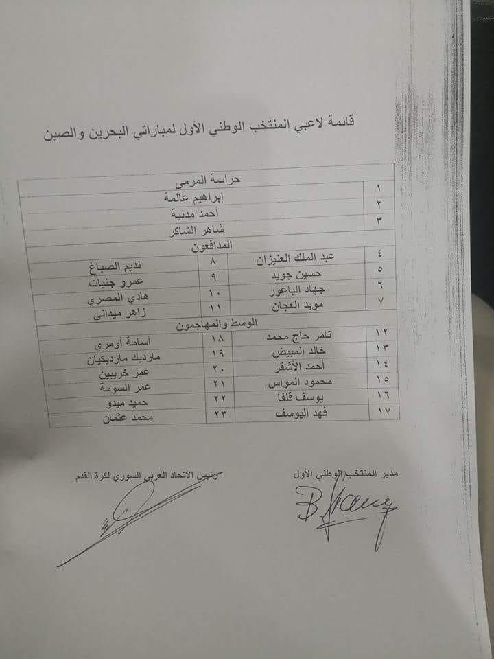 Social Media/ قائمة منتخب سوريا للمشاركة في المباريات الودية القادمة
