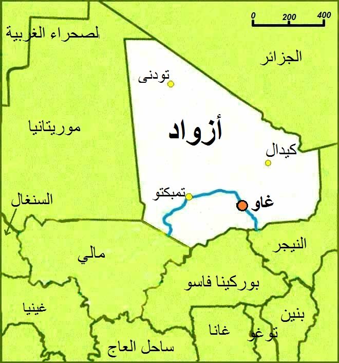 خريطة تظهر المساحة التقريبية لمنطقة أزواد/wikimedia