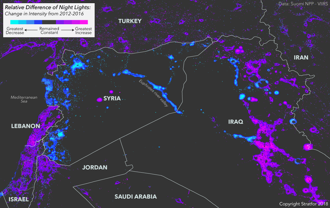 صورة بالقمر الاصطناعي توضح استعمال الكهرباء في سوريا والعراق/ stratfor.com