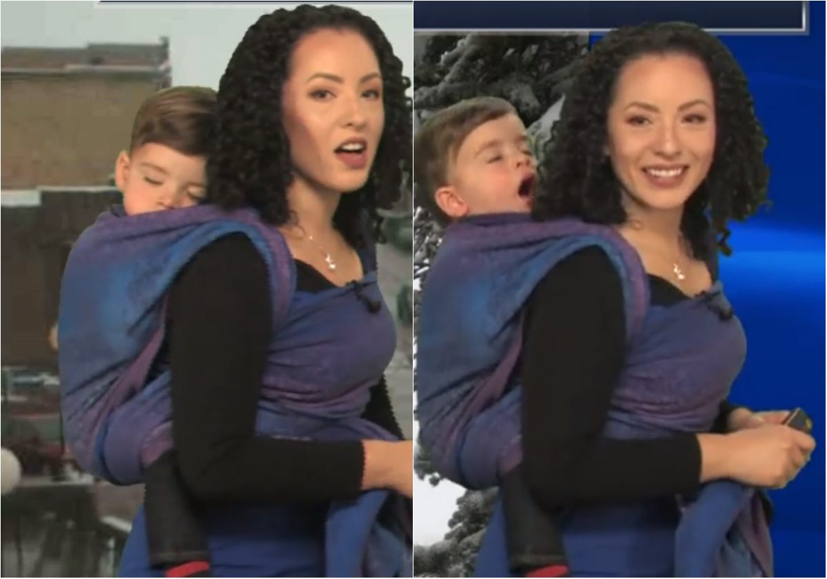 مذيعة أميركية ينام طفلها فوق ظهرها أثناء إلقاء النشرة