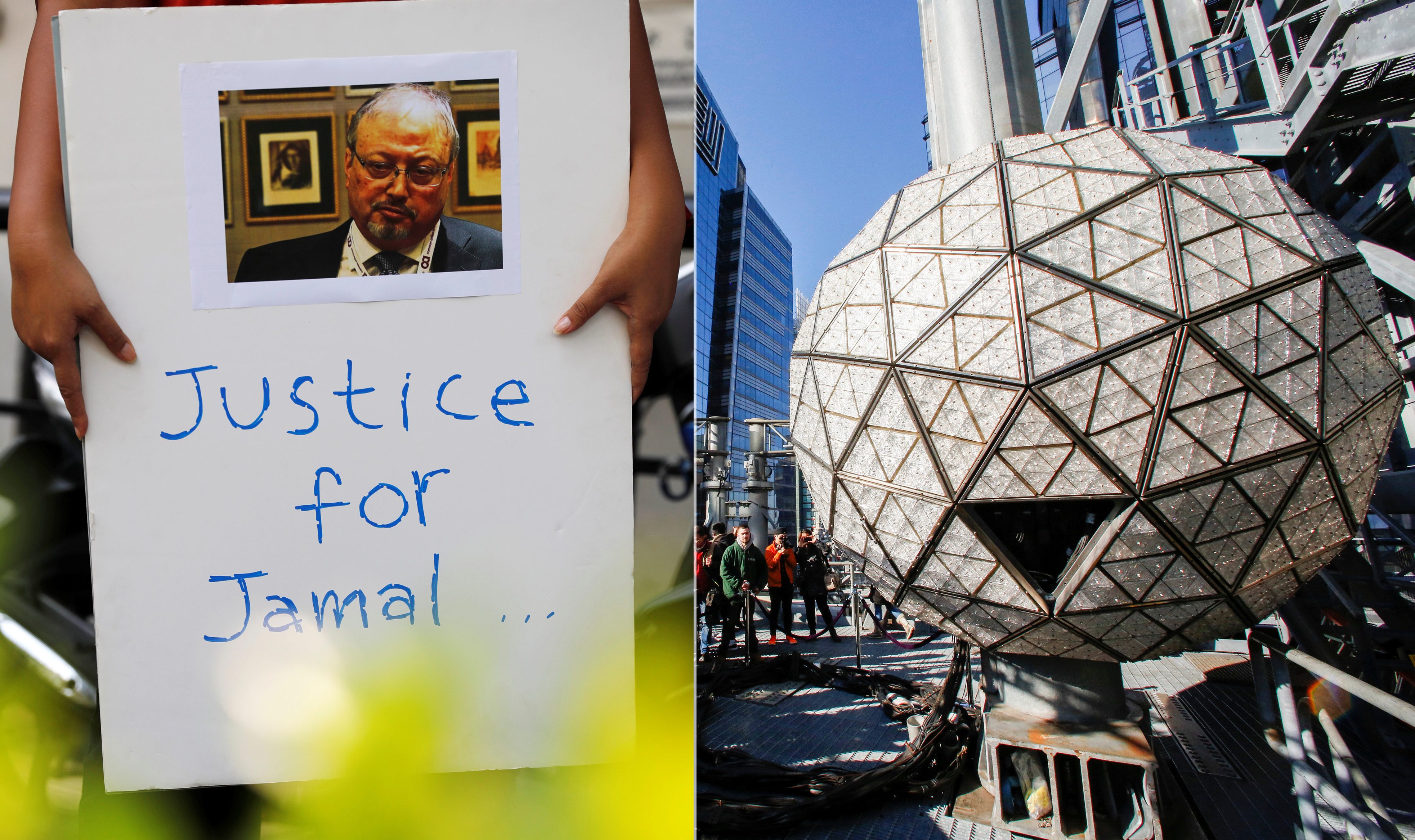 الاحتفال يشهد إسقاط كرة ضخمة عند منتصف ليلة رأس السنة (رويترز)