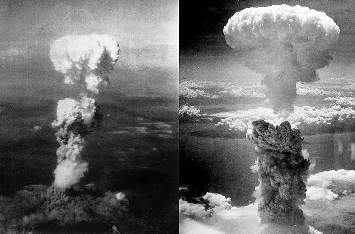 سحابة القنبة النووية فوق المدينتين اليابانيتين عام 1945، هيروشيما (يسار) وناكازاكي (يمين)/ Wikimedia Commons