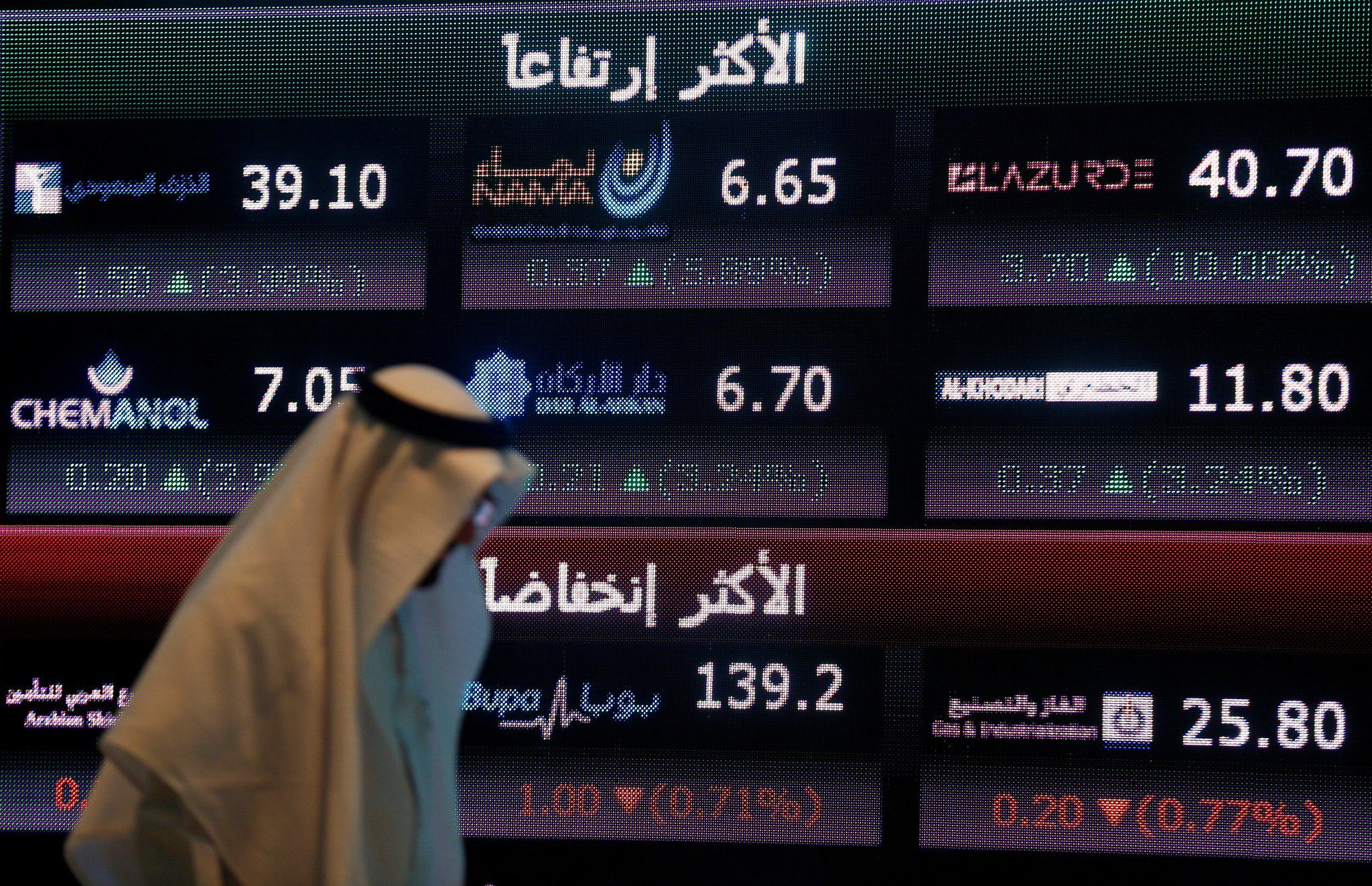 مستثمر يسير بالقرب من شاشة تعرض معلومات الأسهم في السوق المالية السعودية