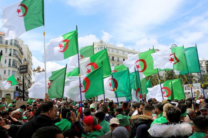 جزائريون يحملون الرايات الوطنية أثناء الاحتجاج/رويترز