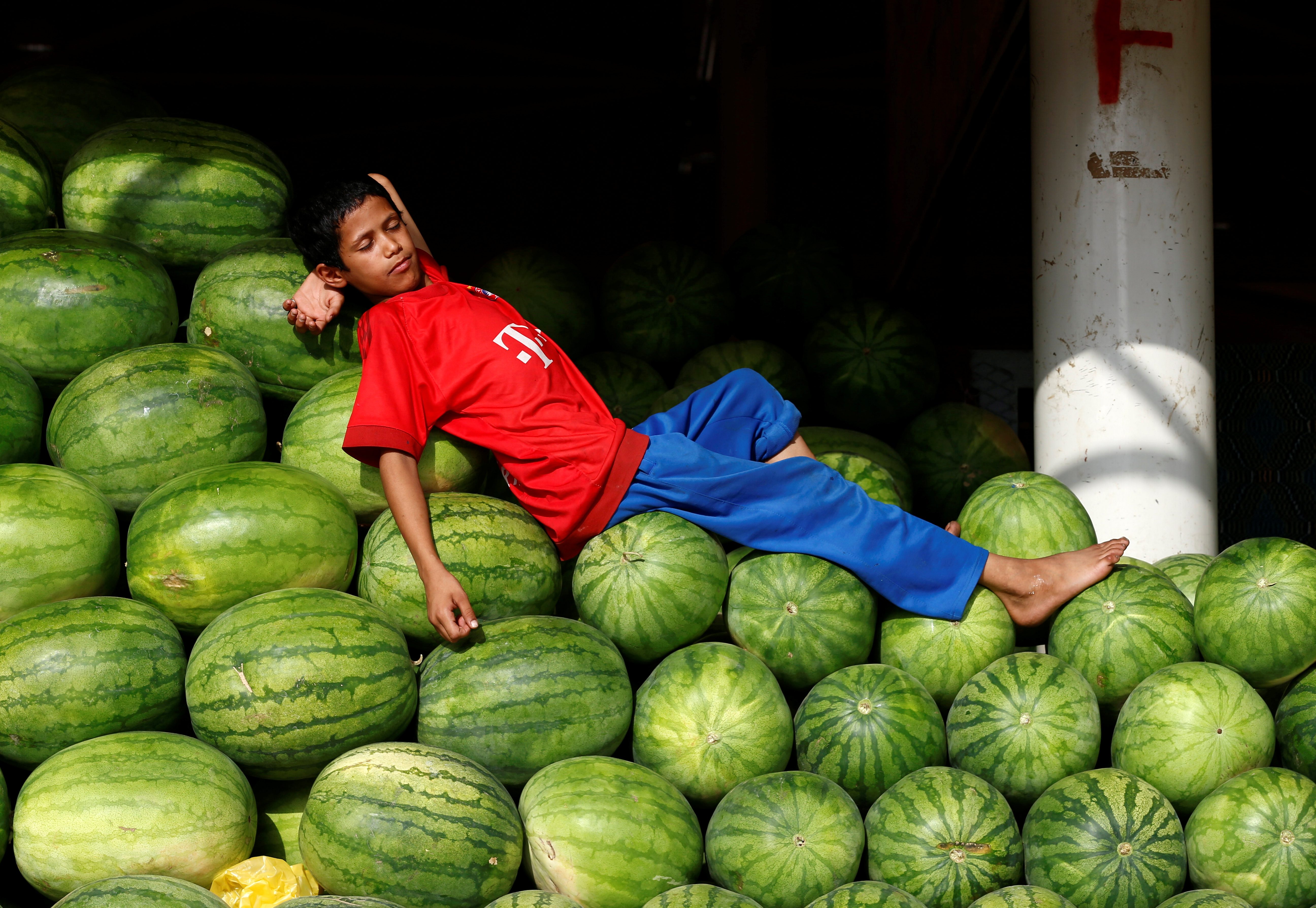 صبي سعودي يمتد على البطيخ في سوق بالرياض
