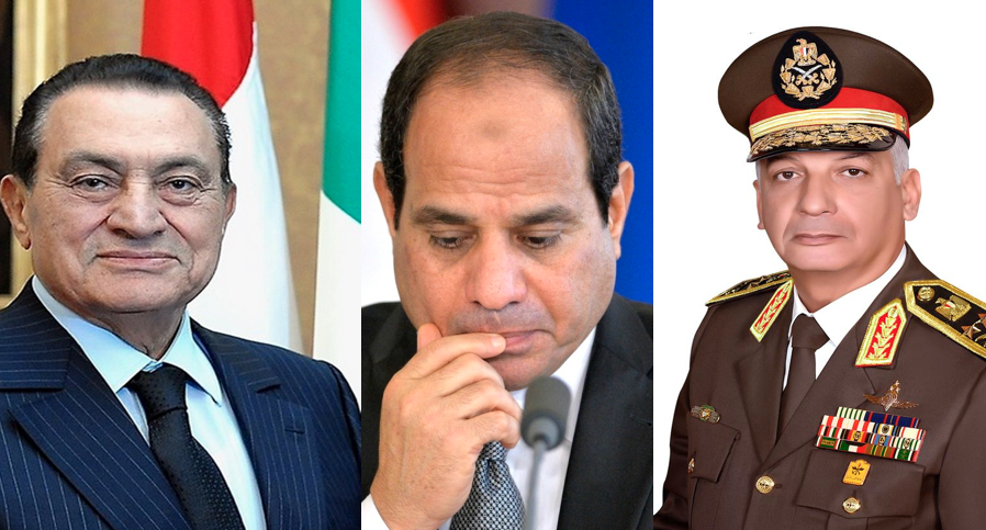 وزير الدفاع اللواء محمد زكي والرئىس عبدالفتاح السيسي والرئيس الأسبق محمد حسني مبارك