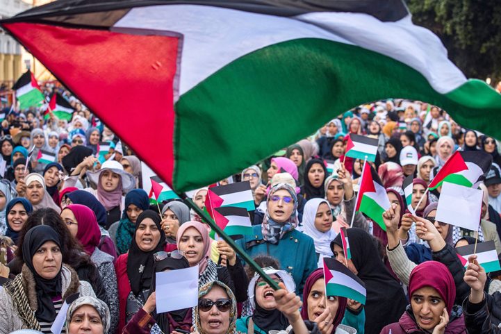 المغاربة يلوحون بالعلم الفلسطيني خلال مظاهرة مناهضة لخطة السلام الأمريكية في الشرق الأوسط، الرباط ، المغرب، 9 فبراير/ رويترز