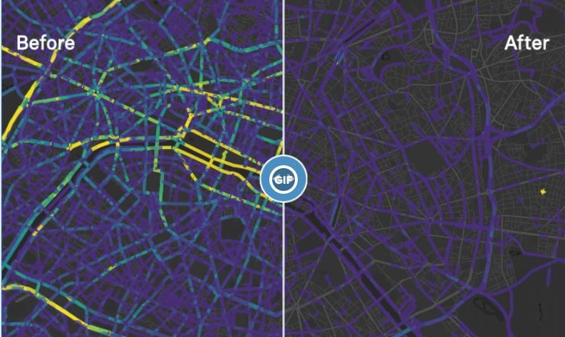 يشير اللون الأخضر الفاتح والأصفر إلى وجود مركبات كثيرة على الطريق. وعندما تكون الشوارع والطرق السريعة خالية، تصبح المدن مظلمة