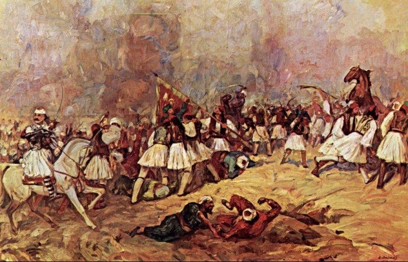صورة تخيلية لإحدى معارك حرب الاستقلال اليونانية التي خاضها اليونانيون ضد الدولة العثمانية سنة 1821 (Wikimedia)