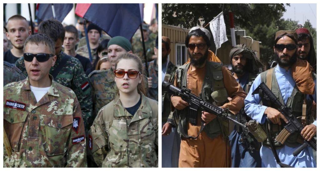 مقاتلون في أفغنستان على اليمين، وعلآ يسار الصورة متطوعون للقتال في أوكرانيا - عربي بوست