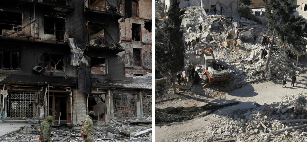 إلى اليمين مشهد من دمار مدينة إدلب، إلى اليسار صورة من مدينة أوكرانية