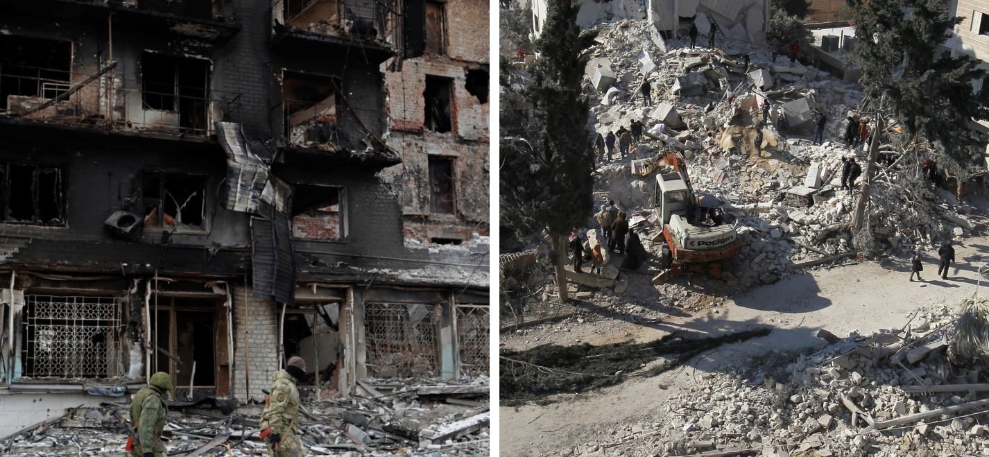 إلى اليمين مشهد من دمار مدينة إدلب، إلى اليسار صورة من مدينة أوكرانية