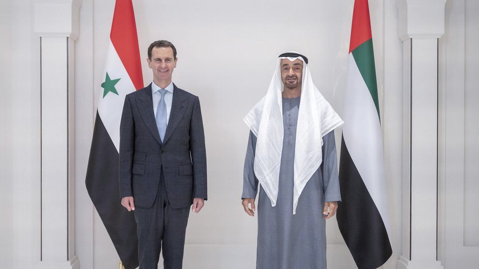 ولي عهد أبوظبي محمد بن زايد خلال استقباله رئيس النظام السوري بشار الأسد، مارس 2022/ وام