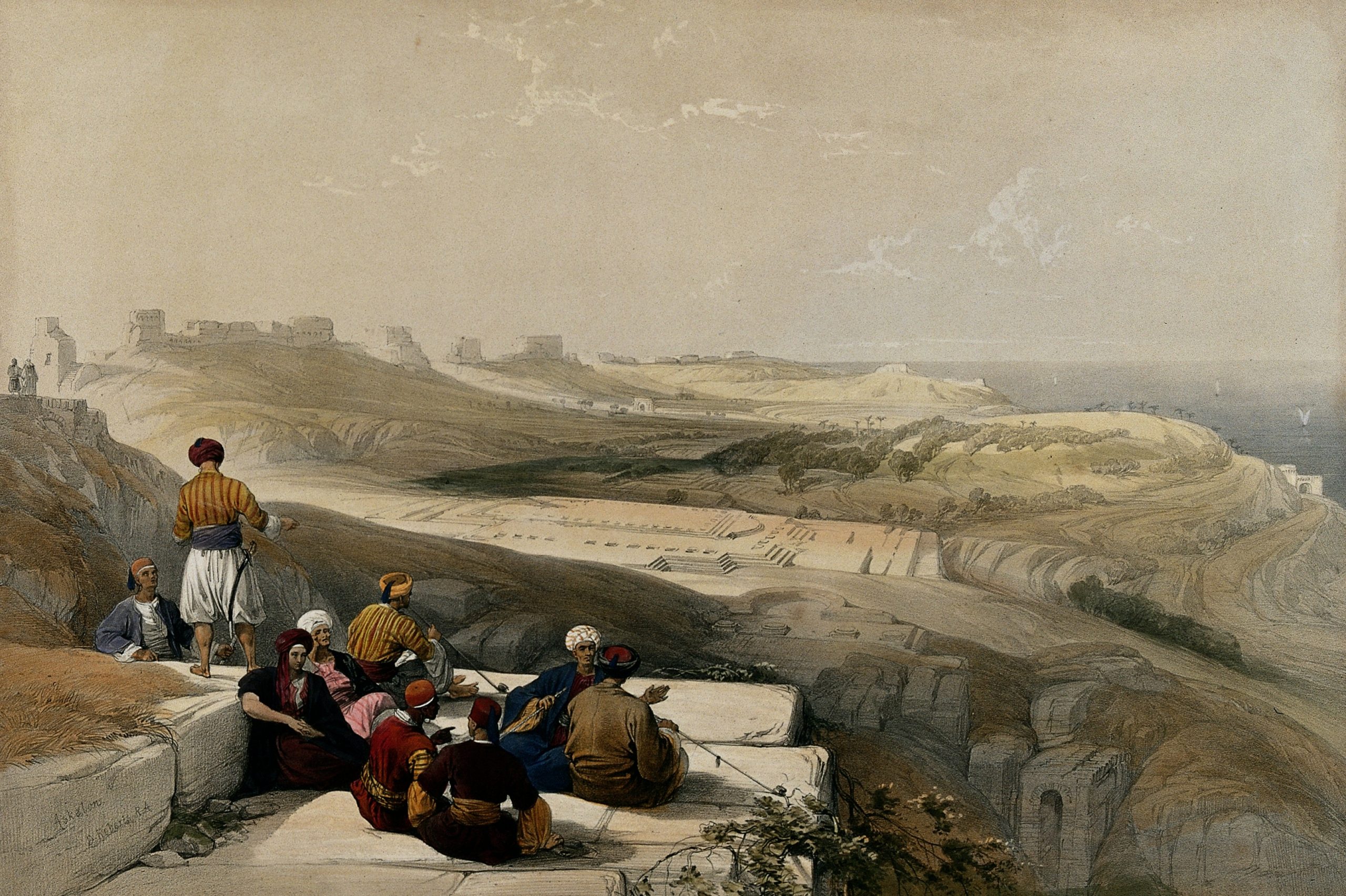 رعاة مع قطعان بالقرب من أشدود وعسقلان تظهر من بعيد - Wikimedia Commons