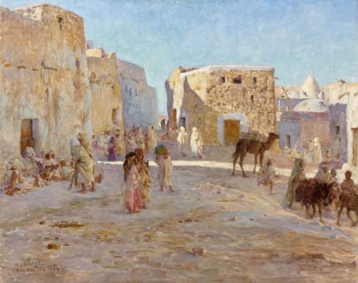 لوحة رسمها دينيه عام 1894، تجسّد الحياة في مدينة بوسعادة التي عشقها/ من موقعه الرسمي