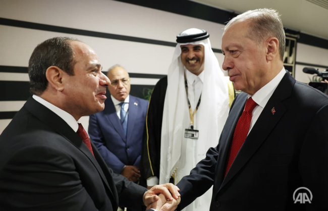 وكالة الأناضول/ الرئيسان أردوغان والسيسي يتصافحان في حفل افتتاح مونديال قطر