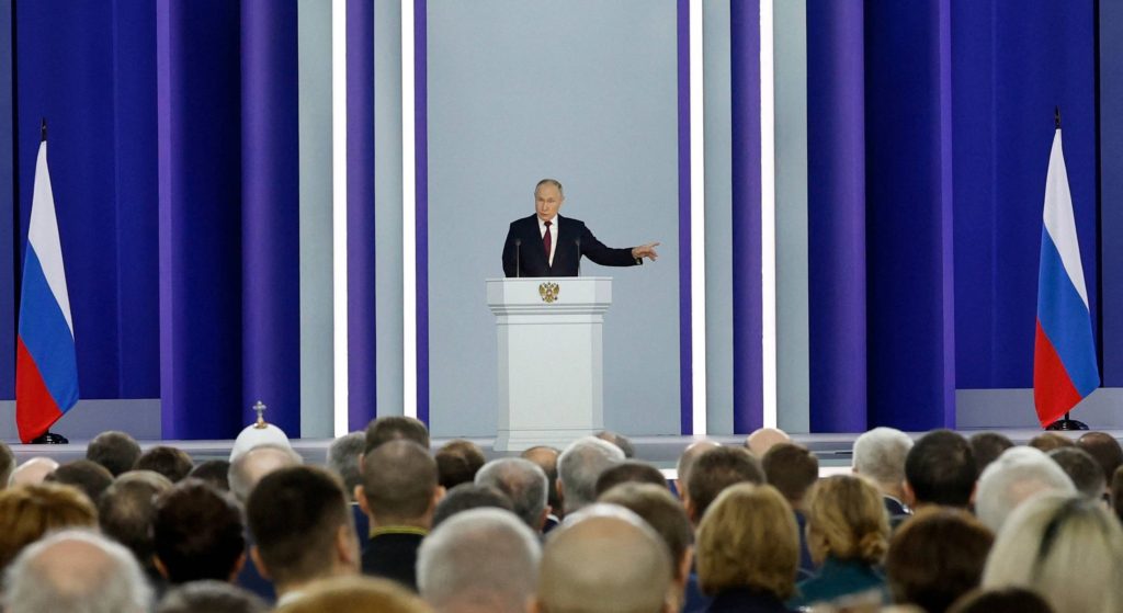 الرئيس الروسي فلاديمير بوتين خلال خطابه عن حالة الأمة في 21 فبراير/شباط 2023 (رويترز)
