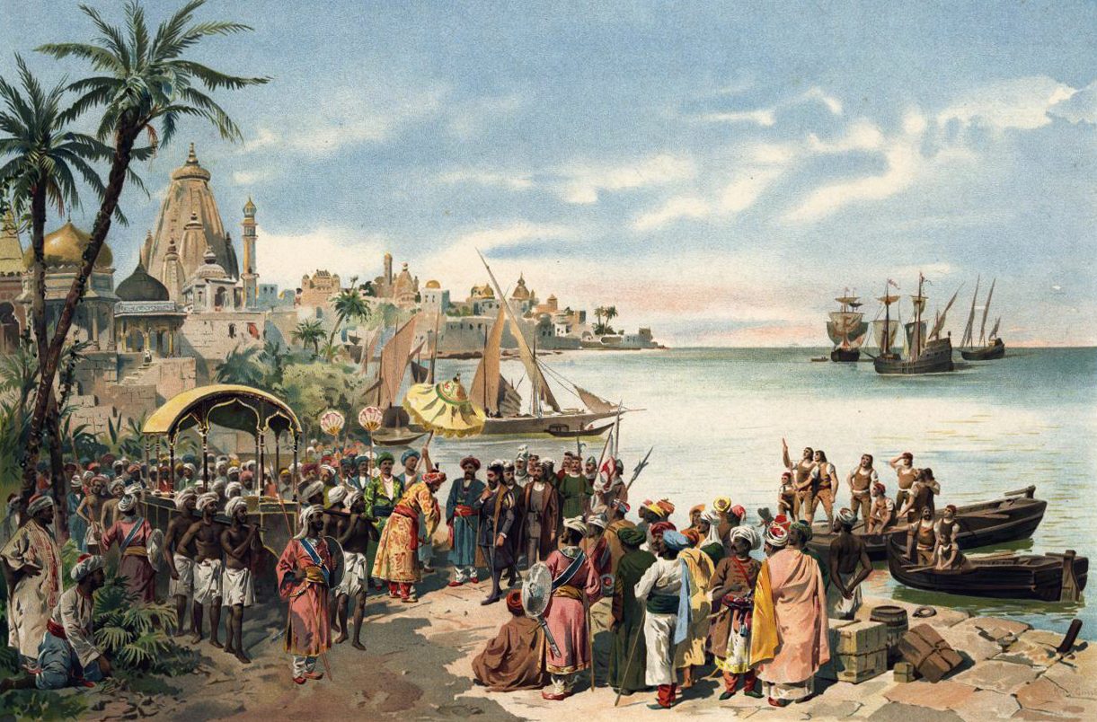 لحظة وصول دي غاما إلى كاليكوت/ Wikipedia