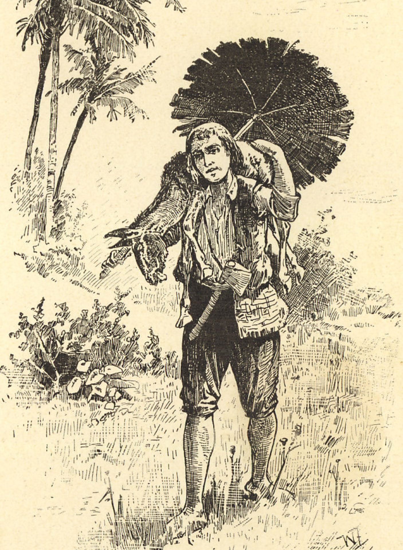 رسم تصوري لروبنسون كروزو يحمل مظلة صنعها من ورق الموز/ Wikipedia