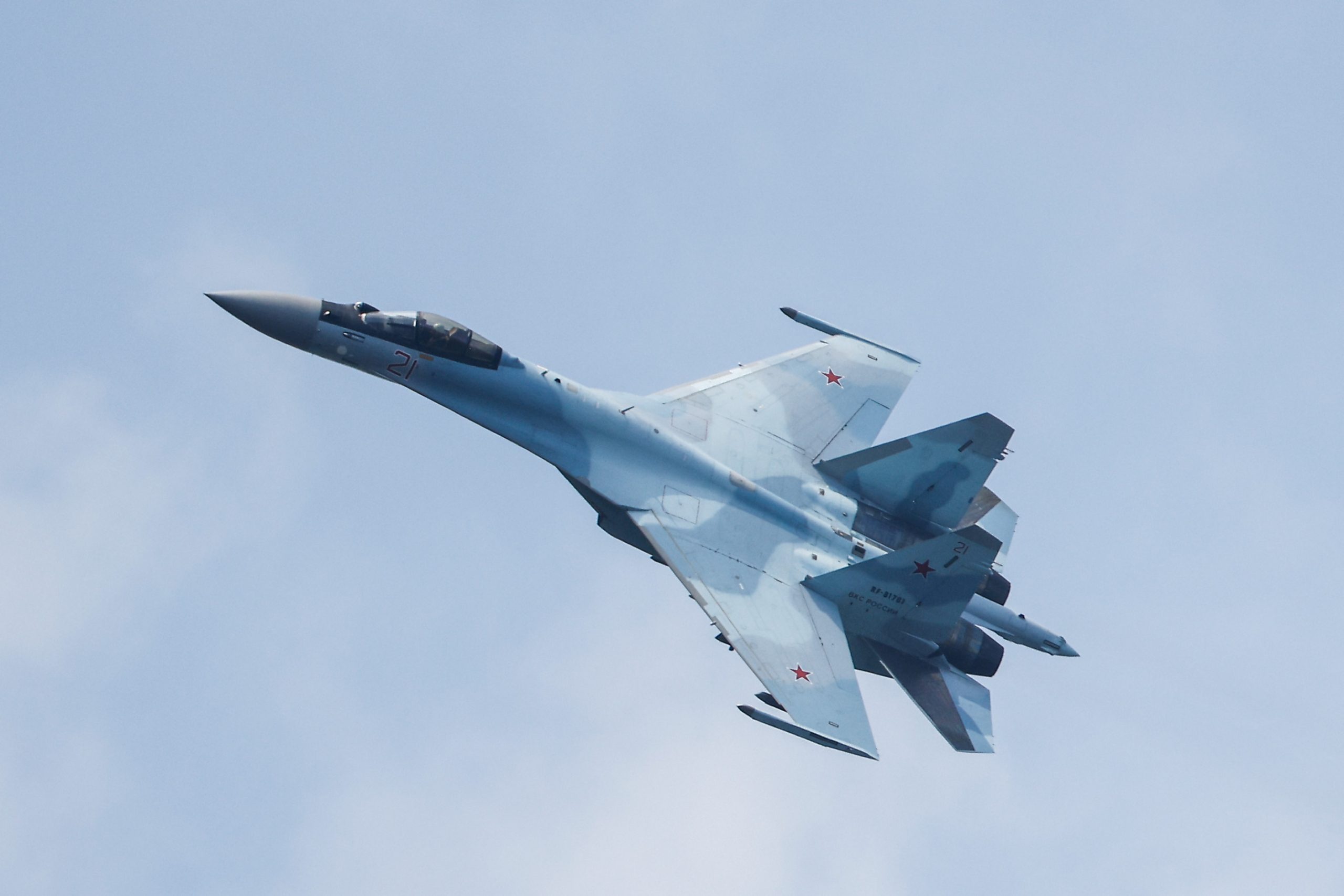 A Russian Sukhoi Su-35S jet fighter performs a flight during the Aviadarts competition outside Ryazan