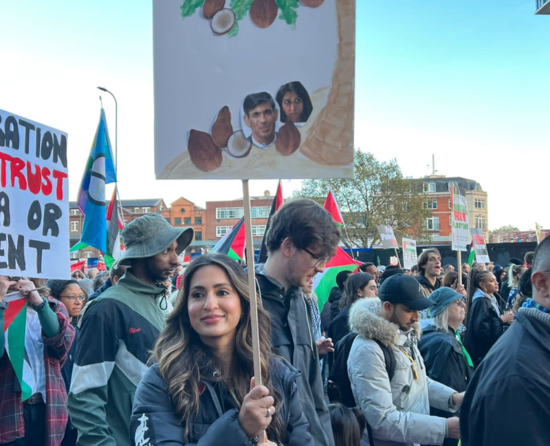 لافتة جوز الهند تحملها ماريها حسين بتظاهرة مؤيدة لفلسطين في لندت /شرطة العاصمة Metropolitan Police عبر منصة "إكس" (تويتر سابقاً)