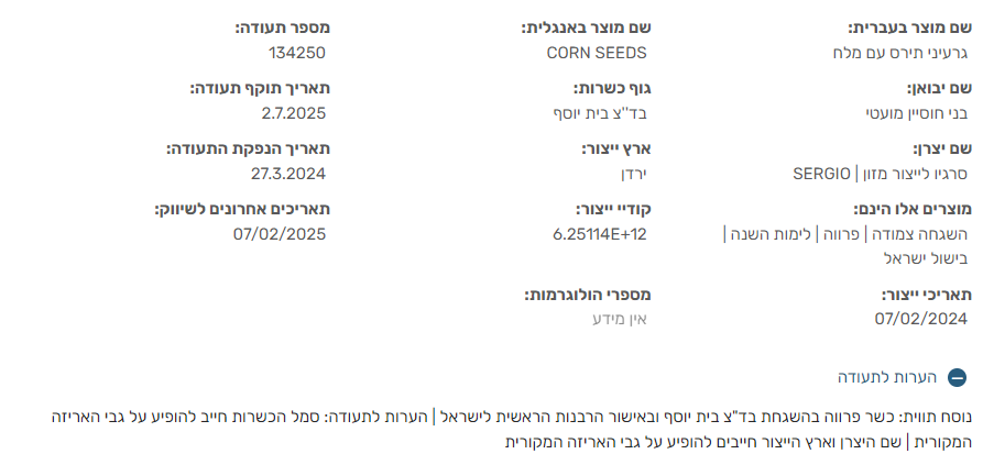 معلومات أحد منتجات أردنية في إسرائيل حاصلة على الكوشير لشركة سيرجيو بحسب بيانات الحاخامية الكبرى