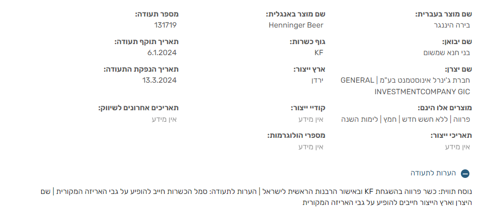 معلومات أحد منتجات أردنية في إسرائيل حاصلة على الكوشير لشركة الاستثمارات العامة بحسب بيانات الحاخامية الكبرى