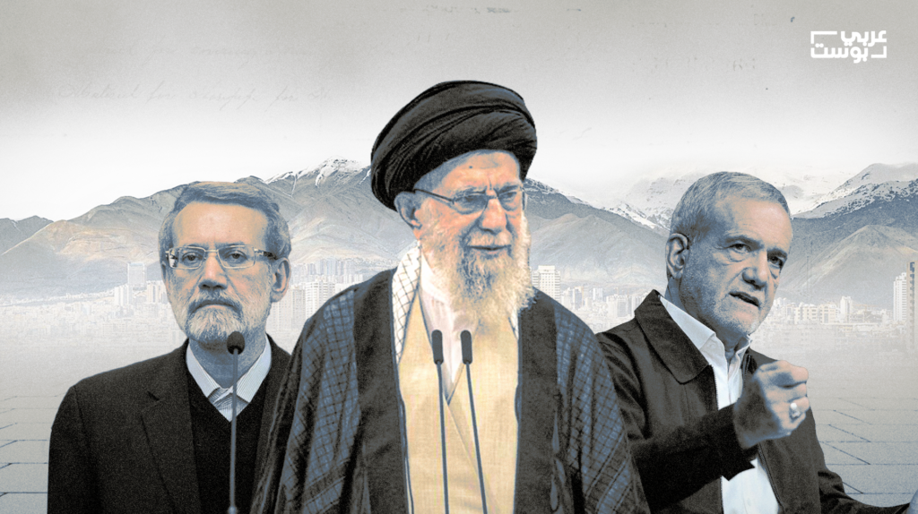 ممثل خامنئي الشخصي علي لاريجاني وخامنئي وبزشكيان-عربي بوست