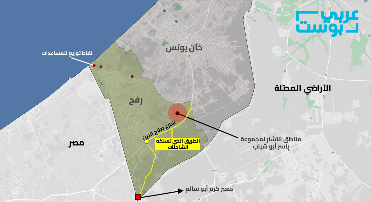 تتركز مجموعة أبو شباب بشكل رئيسي في شرق رفح، وتنتشر على جانب الطريق الذي تعبره شاحنات الإغاثة – عربي بوست