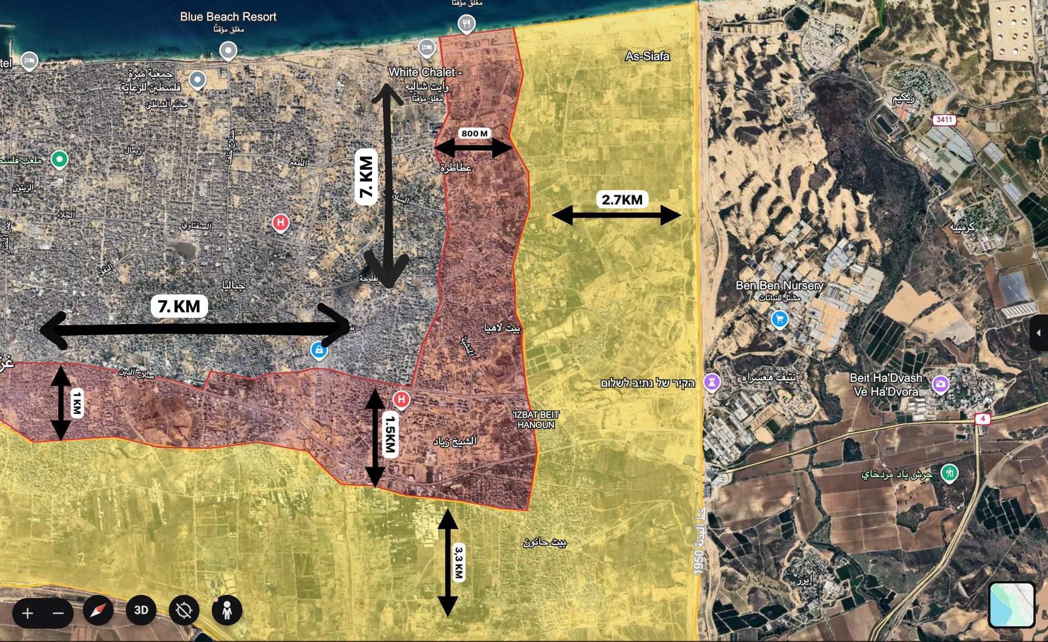خريطة تظهر منطقة الخط الأصفر في غزة والمناطق التي ينتهك فيها الاحتلال الاتفاق/ عربي بوست